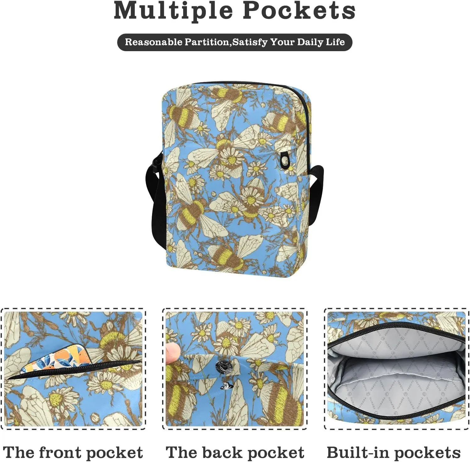 ALAZA Daisy Flower and Bees Crossbody Bag Small Messenger Bag Shoulder Bag with Zipper for Women Men