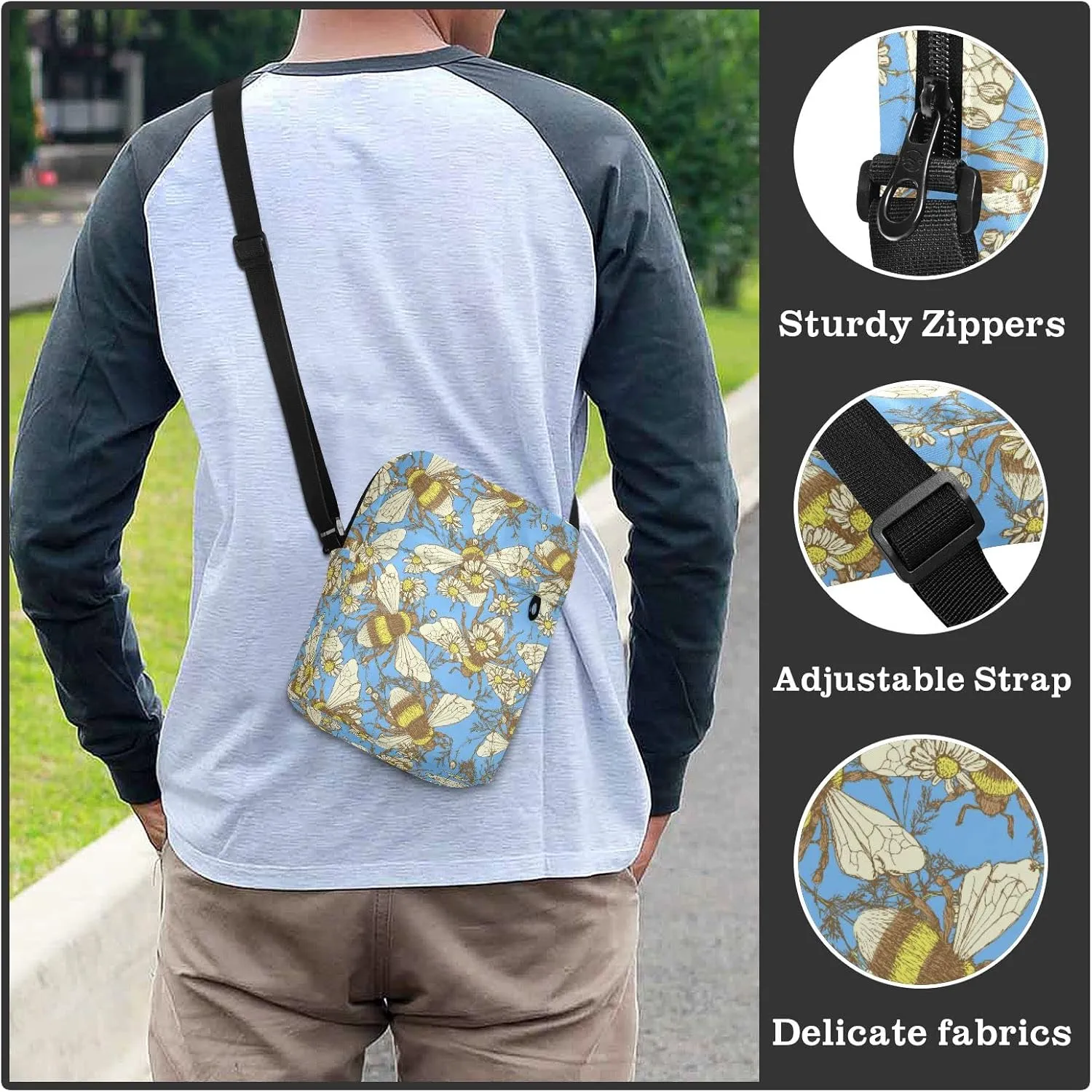 ALAZA Daisy Flower and Bees Crossbody Bag Small Messenger Bag Shoulder Bag with Zipper for Women Men