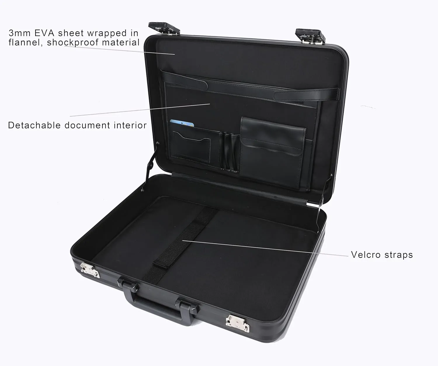 Aluminum Laptop Briefcase, Lockable Black Attache Case, Metal Hard Shell Money Case Portfolio File Box with Removable Interior and Foam (Black, 16.5x12.6x6.1 Inch)