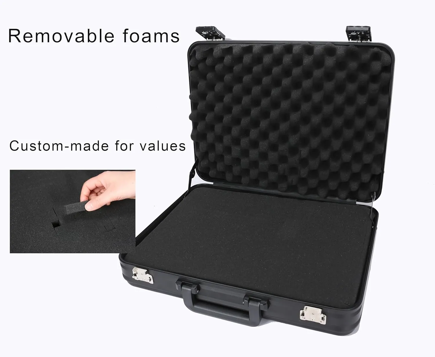 Aluminum Laptop Briefcase, Lockable Black Attache Case, Metal Hard Shell Money Case Portfolio File Box with Removable Interior and Foam (Black, 16.5x12.6x6.1 Inch)