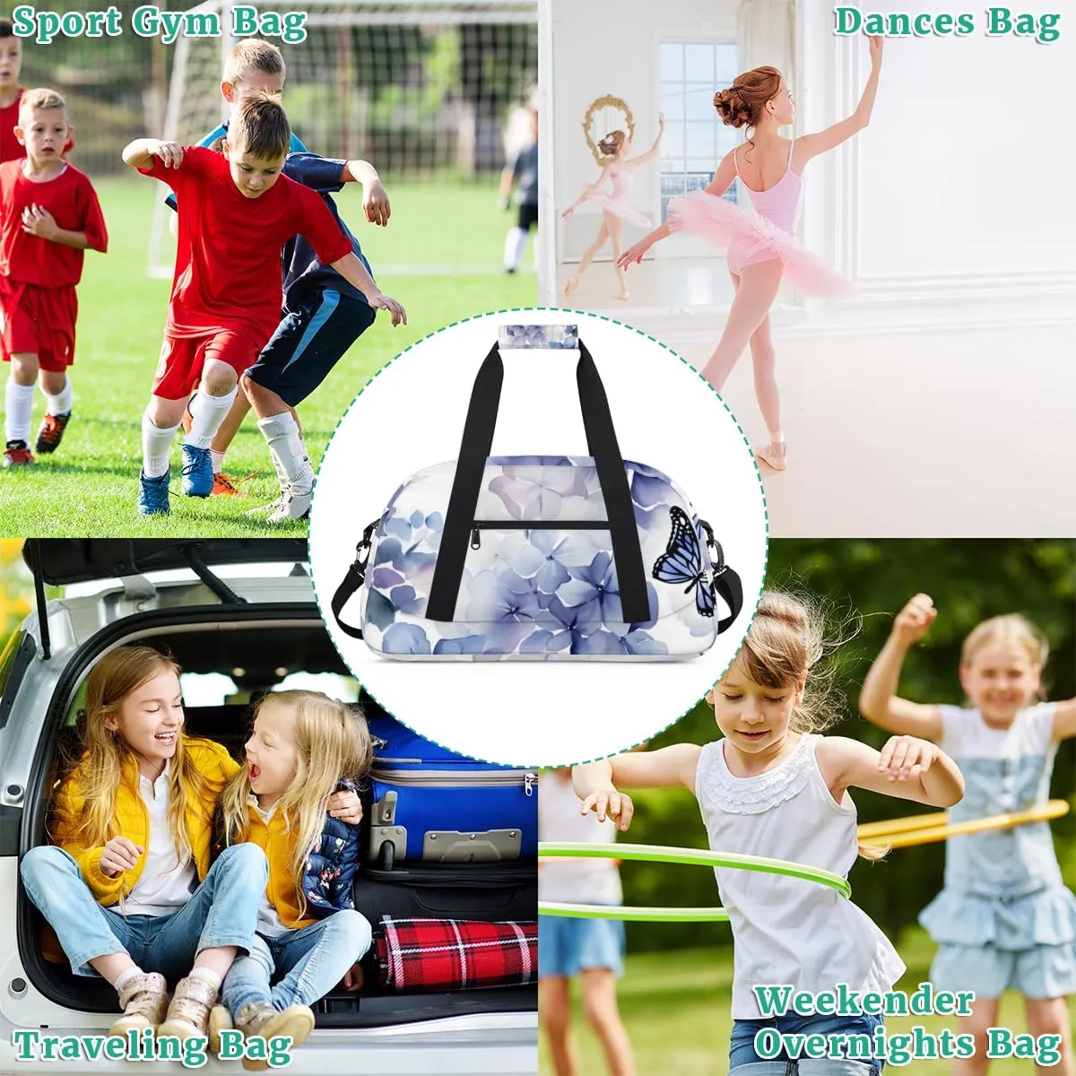 Butterfly Purple Flower Boys Girls Gym Bag Dance Perform Training Duffel Bags Weekender Carry-On Tote Luggage Bag Ideal for School Practice or Overnight Trips Hydrangea