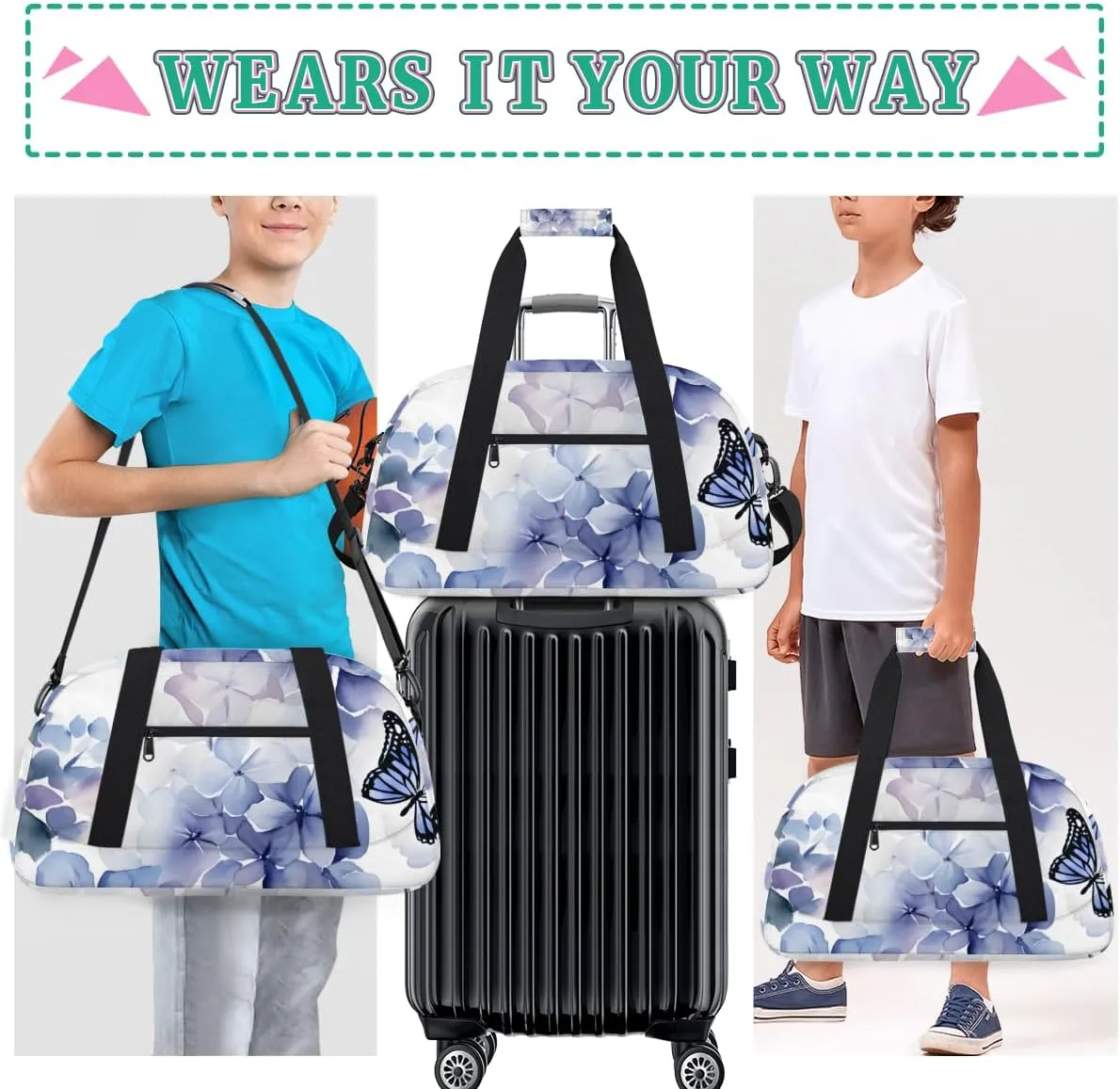 Butterfly Purple Flower Boys Girls Gym Bag Dance Perform Training Duffel Bags Weekender Carry-On Tote Luggage Bag Ideal for School Practice or Overnight Trips Hydrangea