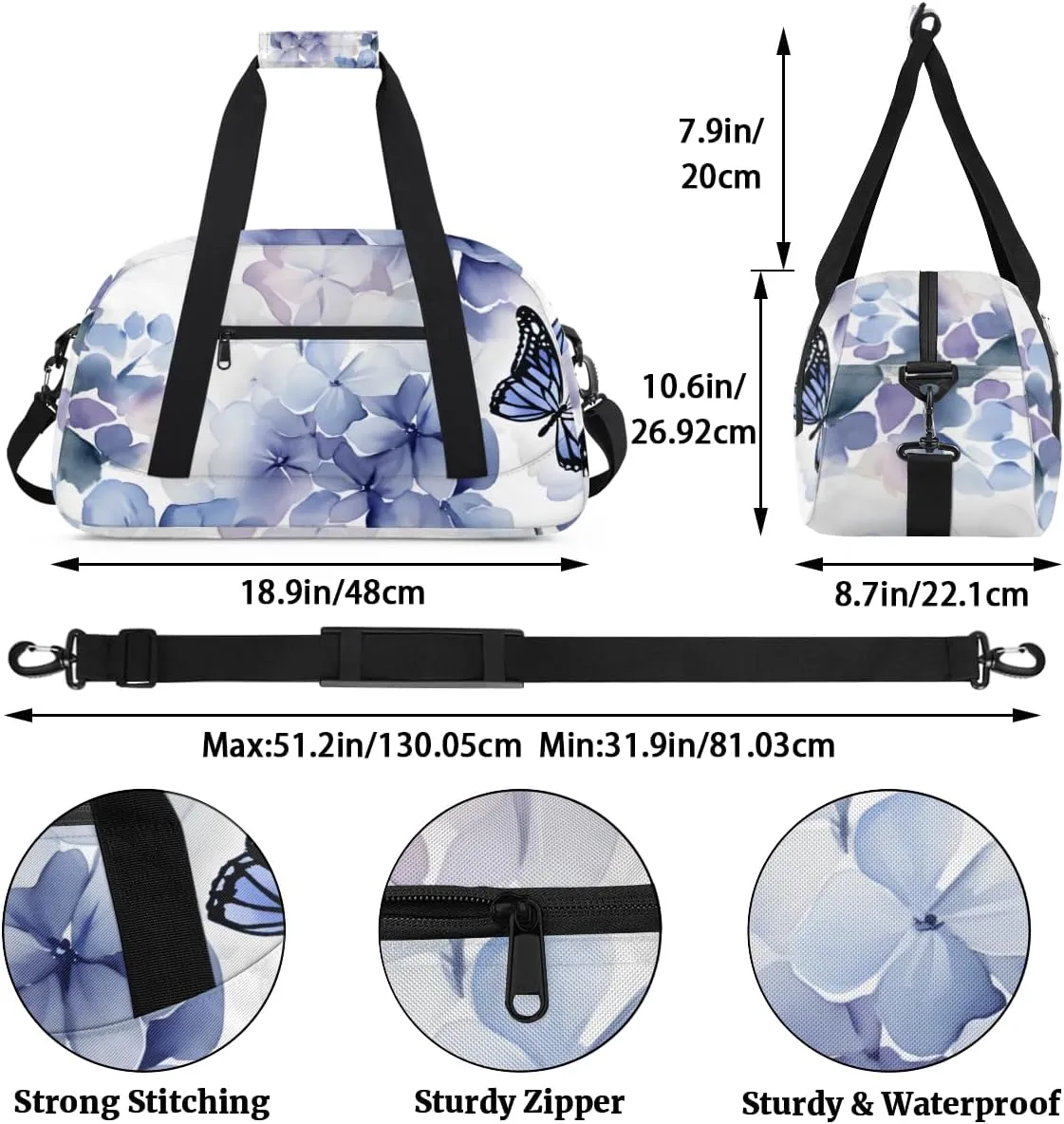Butterfly Purple Flower Boys Girls Gym Bag Dance Perform Training Duffel Bags Weekender Carry-On Tote Luggage Bag Ideal for School Practice or Overnight Trips Hydrangea