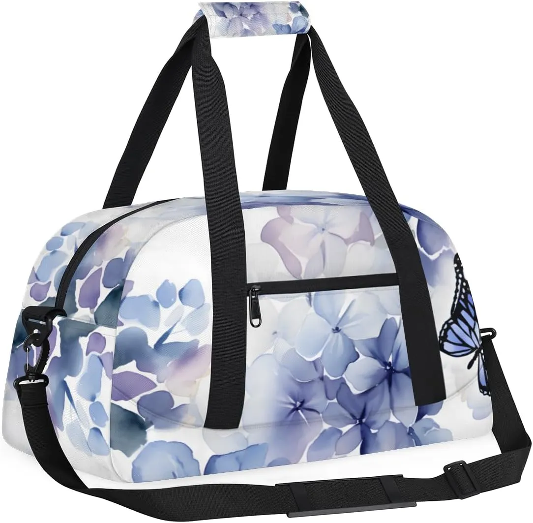 Butterfly Purple Flower Boys Girls Gym Bag Dance Perform Training Duffel Bags Weekender Carry-On Tote Luggage Bag Ideal for School Practice or Overnight Trips Hydrangea