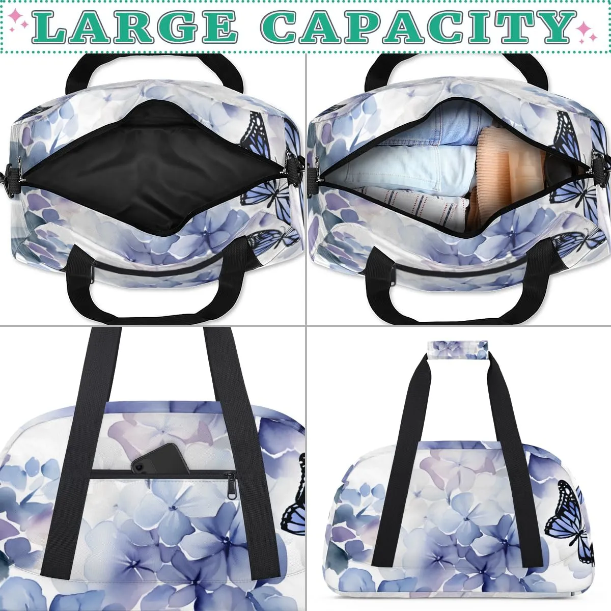 Butterfly Purple Flower Boys Girls Gym Bag Dance Perform Training Duffel Bags Weekender Carry-On Tote Luggage Bag Ideal for School Practice or Overnight Trips Hydrangea