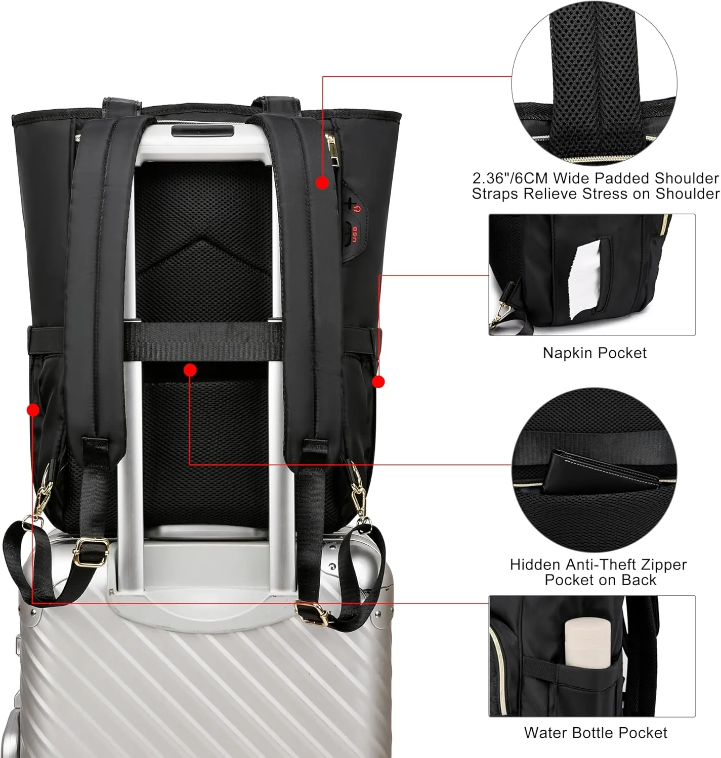 CAFELE 17 inch Laptop Backpack,Quilted Convertible Backpack Tote Laptop Computer Work Bag,Cute Womens Travel Backpack Purse College Teacher Carry on Back pack with USB Port,Quilted Black(2322H-02)