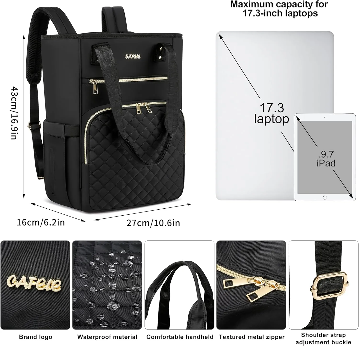 CAFELE 17 inch Laptop Backpack,Quilted Convertible Backpack Tote Laptop Computer Work Bag,Cute Womens Travel Backpack Purse College Teacher Carry on Back pack with USB Port,Quilted Black(2322H-02)