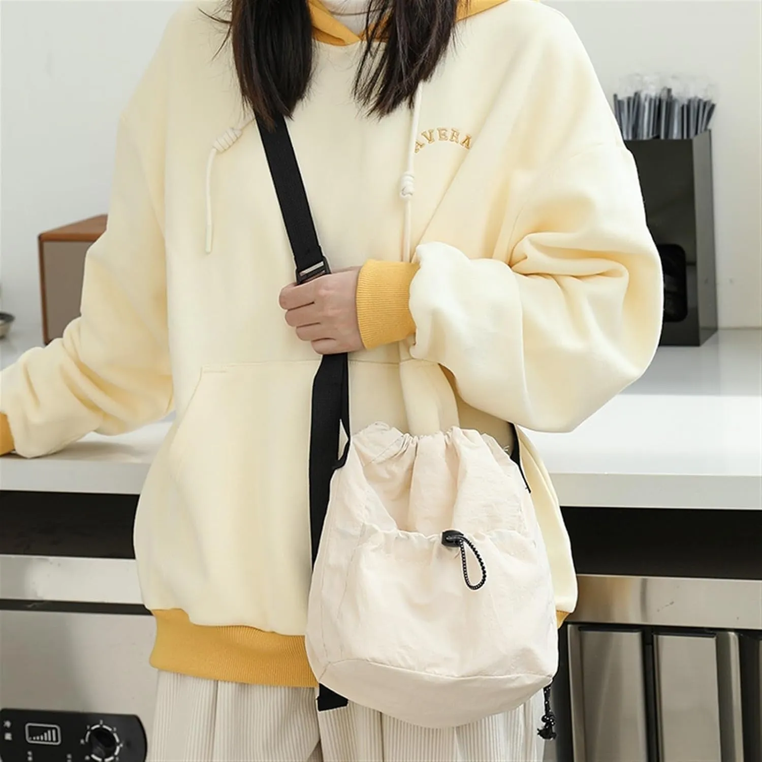 Canvas Bucket Bag Drawstring Shoulder Bag Pleated Nylon Crossbody Bag