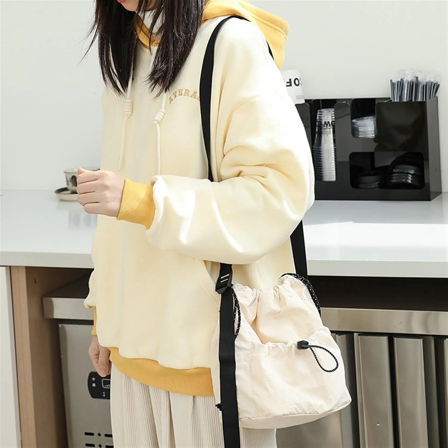 Canvas Bucket Bag Drawstring Shoulder Bag Pleated Nylon Crossbody Bag