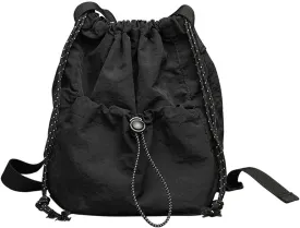 Canvas Bucket Bag Drawstring Shoulder Bag Pleated Nylon Crossbody Bag
