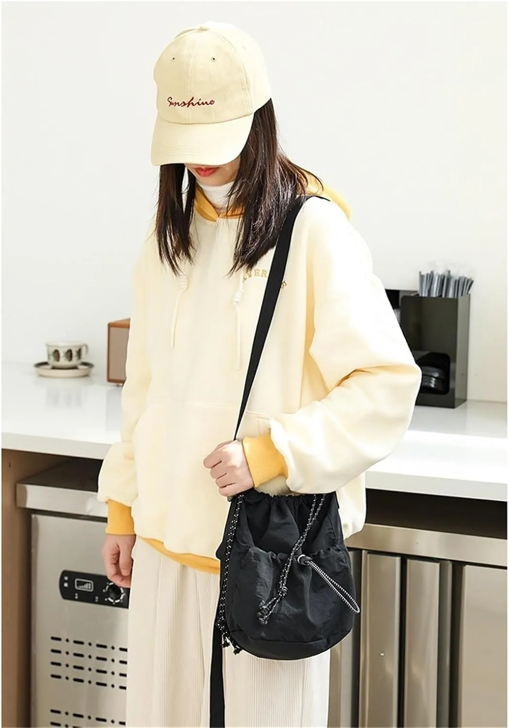Canvas Bucket Bag Drawstring Shoulder Bag Pleated Nylon Crossbody Bag