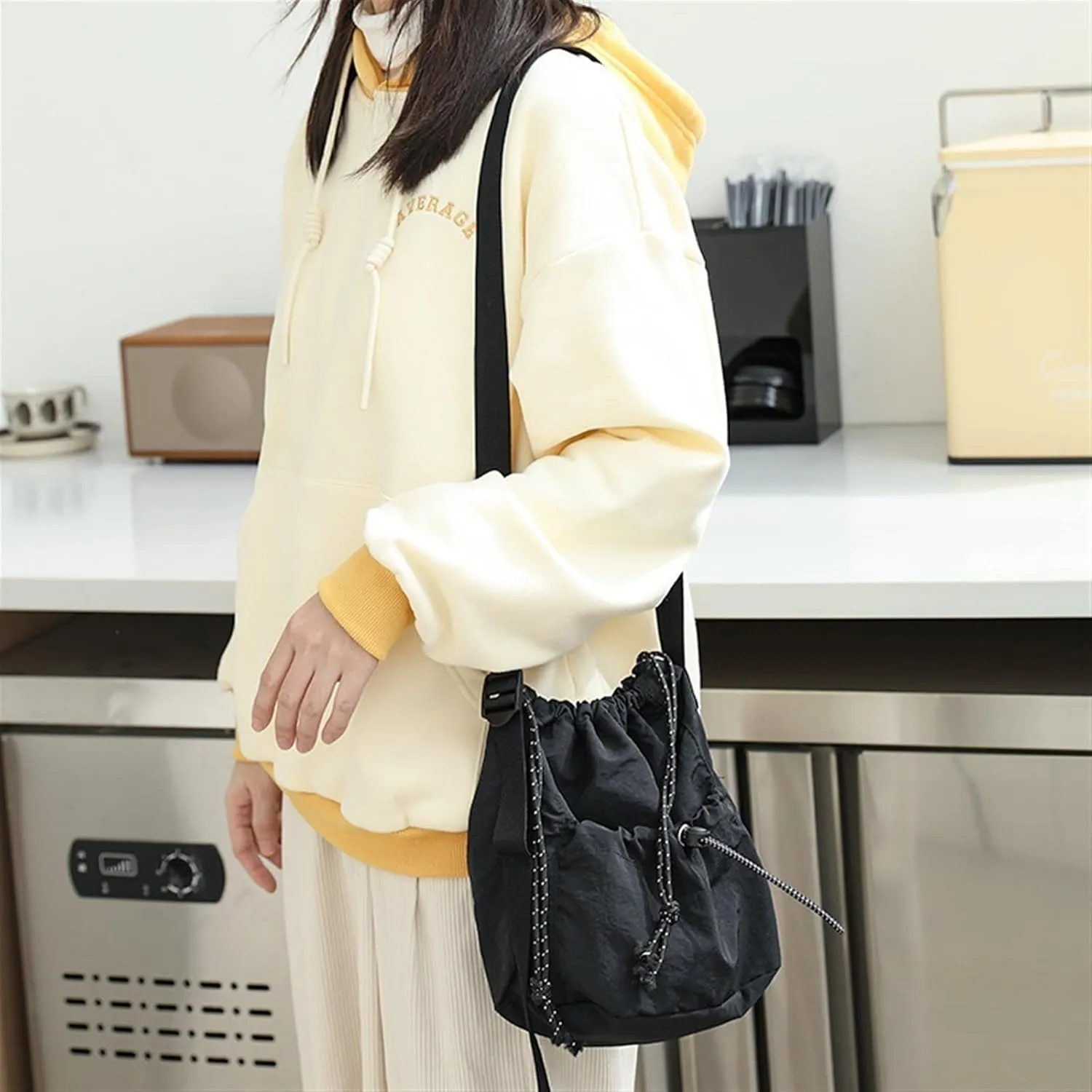 Canvas Bucket Bag Drawstring Shoulder Bag Pleated Nylon Crossbody Bag