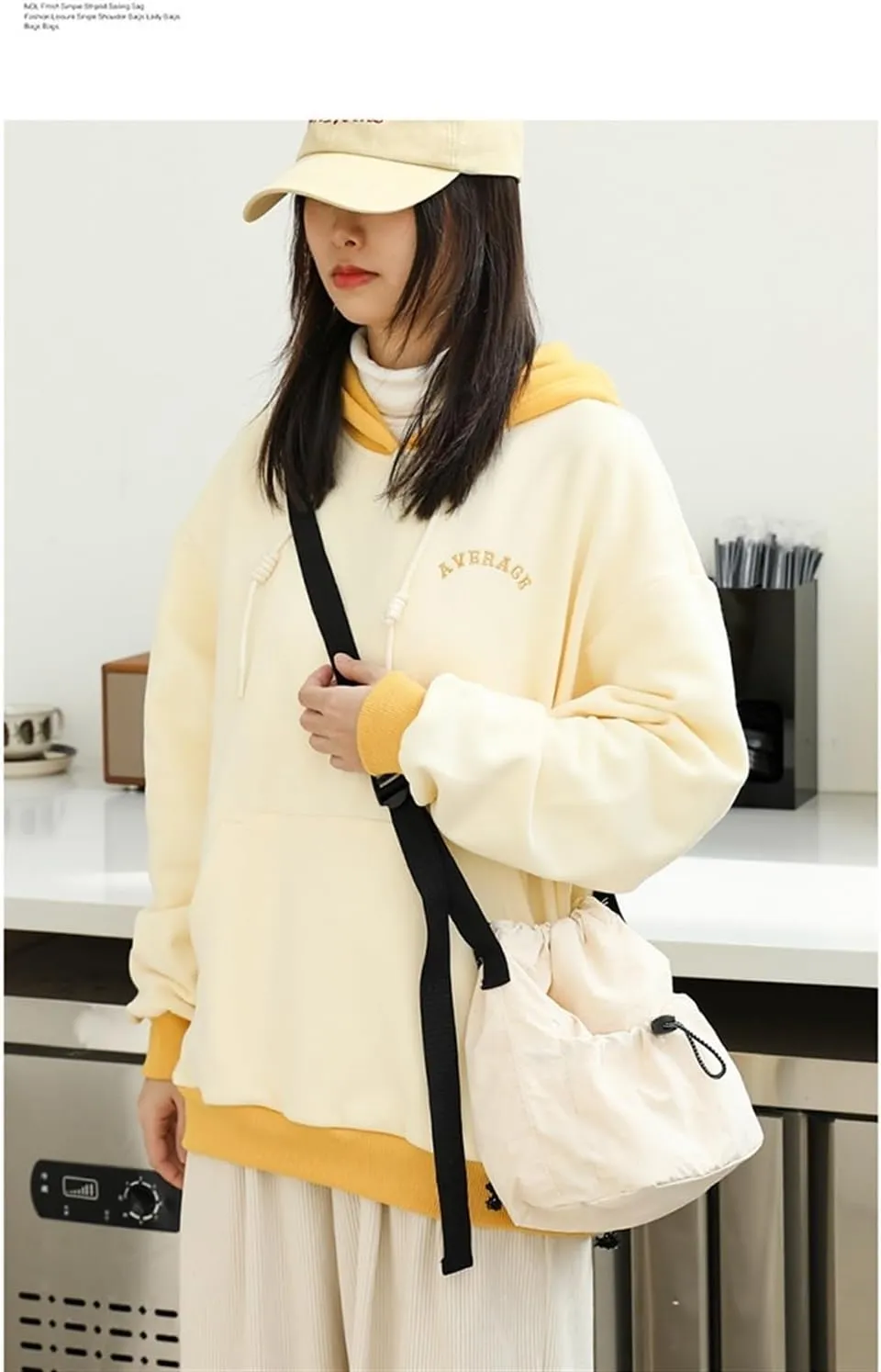 Canvas Bucket Bag Drawstring Shoulder Bag Pleated Nylon Crossbody Bag