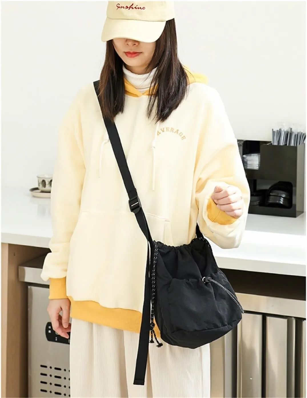 Canvas Bucket Bag Drawstring Shoulder Bag Pleated Nylon Crossbody Bag