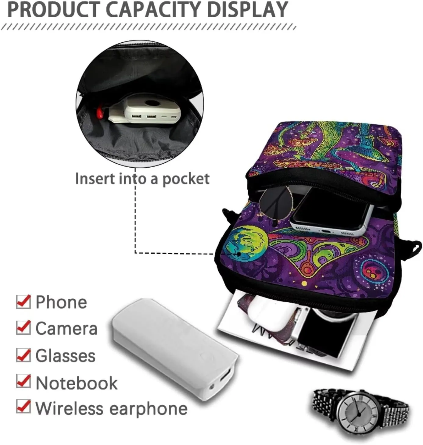 Cartoon Mushrooms Cosmic Planets Print Crossbody Shoulder Bag, Portable Cross Chest Bag Satchel Bags Cell Phone Purse for Traveling Hiking Cycling