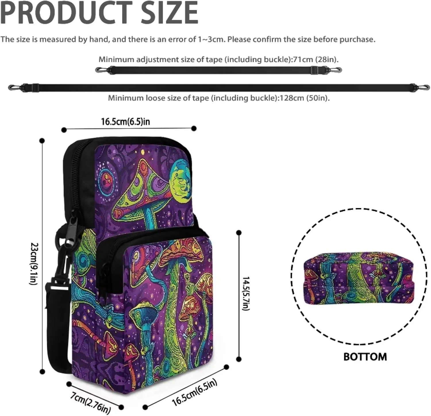 Cartoon Mushrooms Cosmic Planets Print Crossbody Shoulder Bag, Portable Cross Chest Bag Satchel Bags Cell Phone Purse for Traveling Hiking Cycling