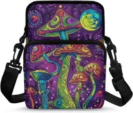 Cartoon Mushrooms Cosmic Planets Print Crossbody Shoulder Bag, Portable Cross Chest Bag Satchel Bags Cell Phone Purse for Traveling Hiking Cycling
