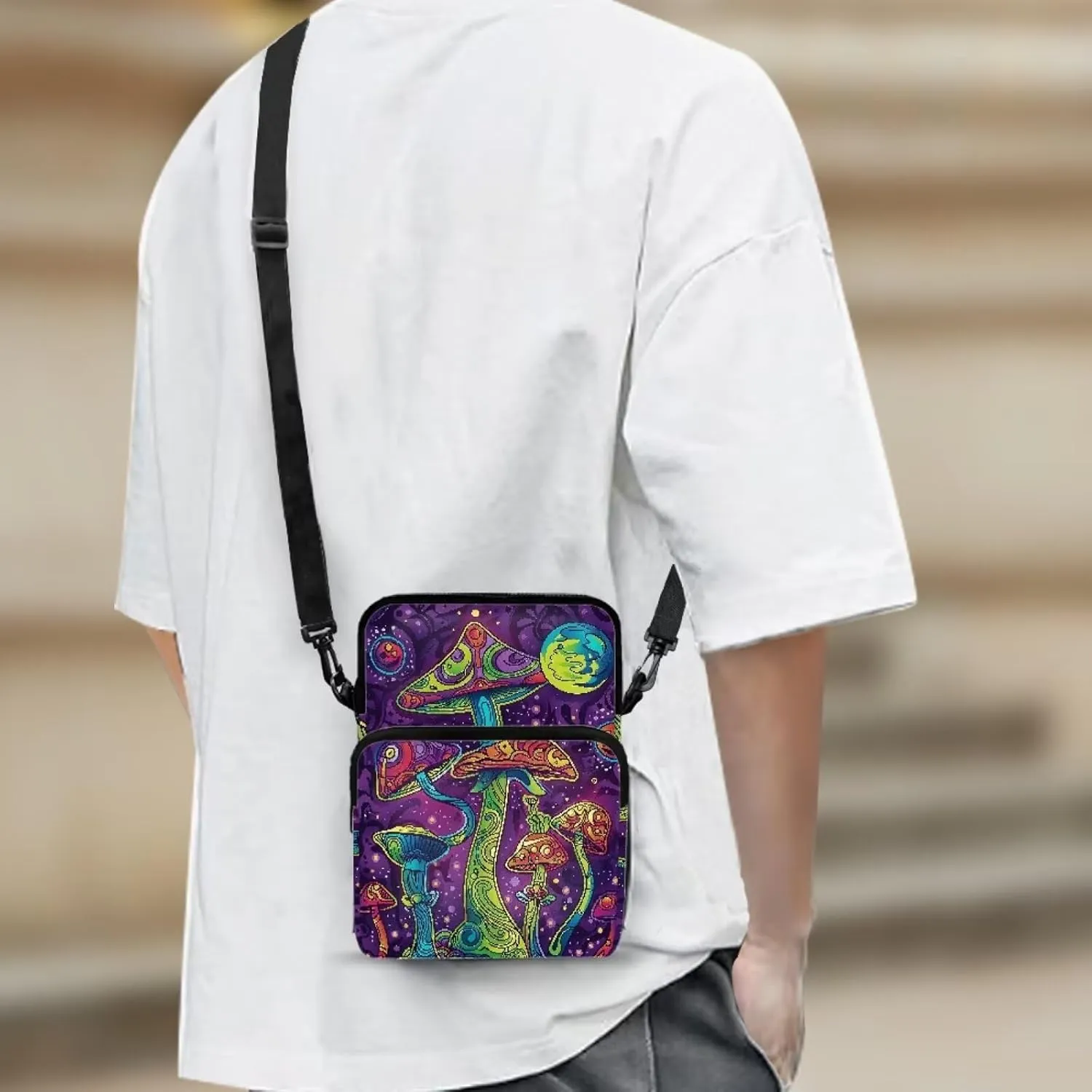 Cartoon Mushrooms Cosmic Planets Print Crossbody Shoulder Bag, Portable Cross Chest Bag Satchel Bags Cell Phone Purse for Traveling Hiking Cycling