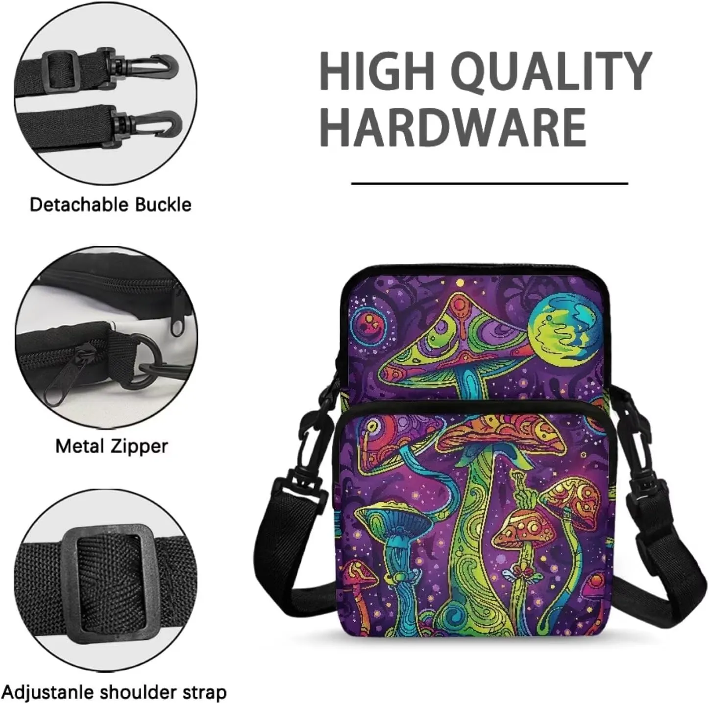 Cartoon Mushrooms Cosmic Planets Print Crossbody Shoulder Bag, Portable Cross Chest Bag Satchel Bags Cell Phone Purse for Traveling Hiking Cycling