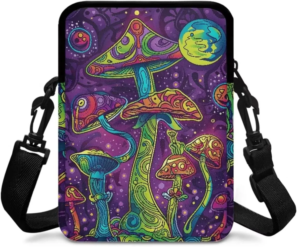 Cartoon Mushrooms Cosmic Planets Print Crossbody Shoulder Bag, Portable Cross Chest Bag Satchel Bags Cell Phone Purse for Traveling Hiking Cycling