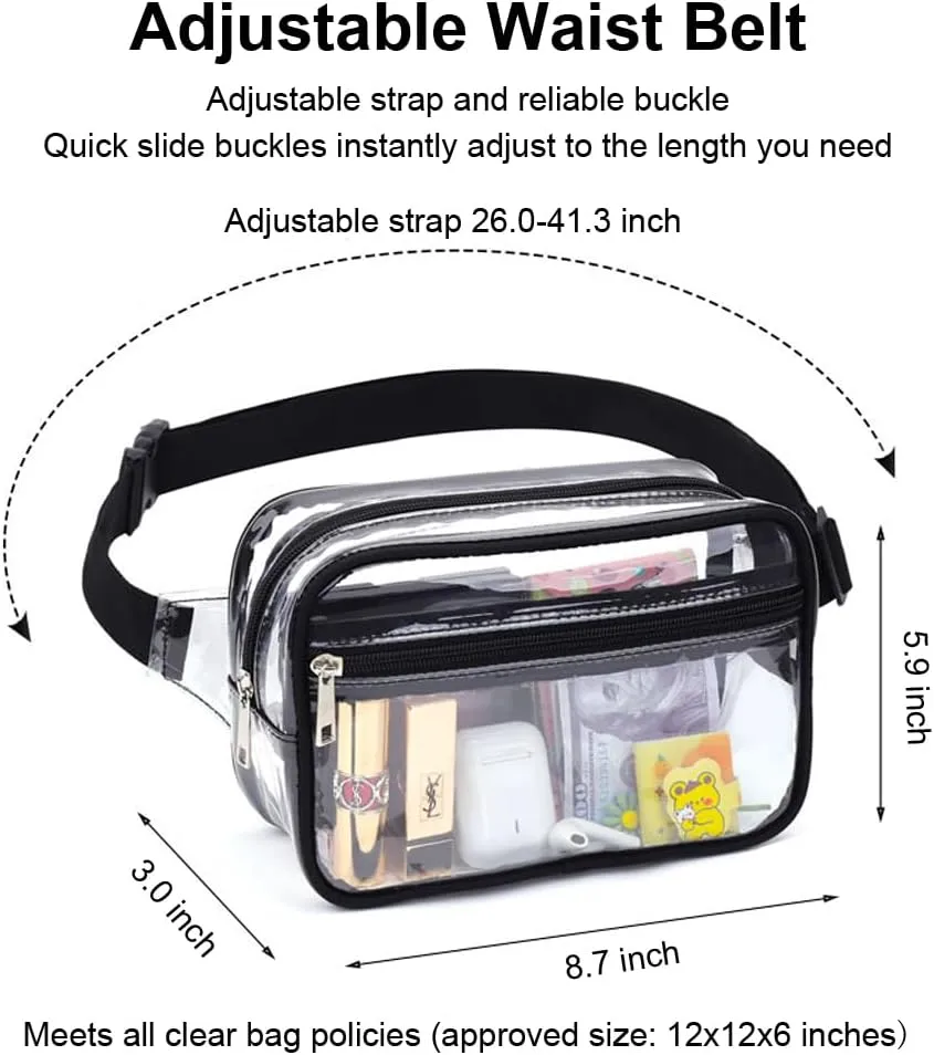 Clear Purse for Women Stadium Approved - Fanny Pack Belt Bag Crossbody Trendy (Black)