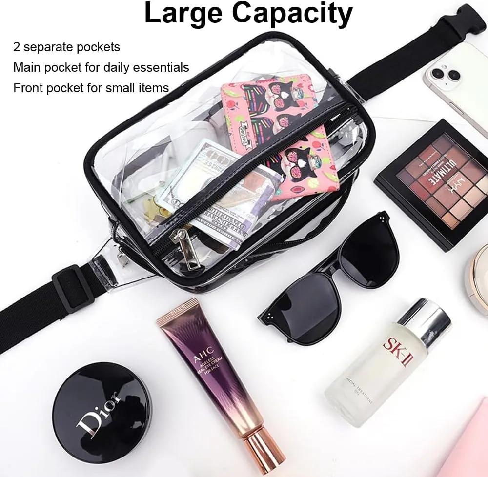 Clear Purse for Women Stadium Approved - Fanny Pack Belt Bag Crossbody Trendy (Black)