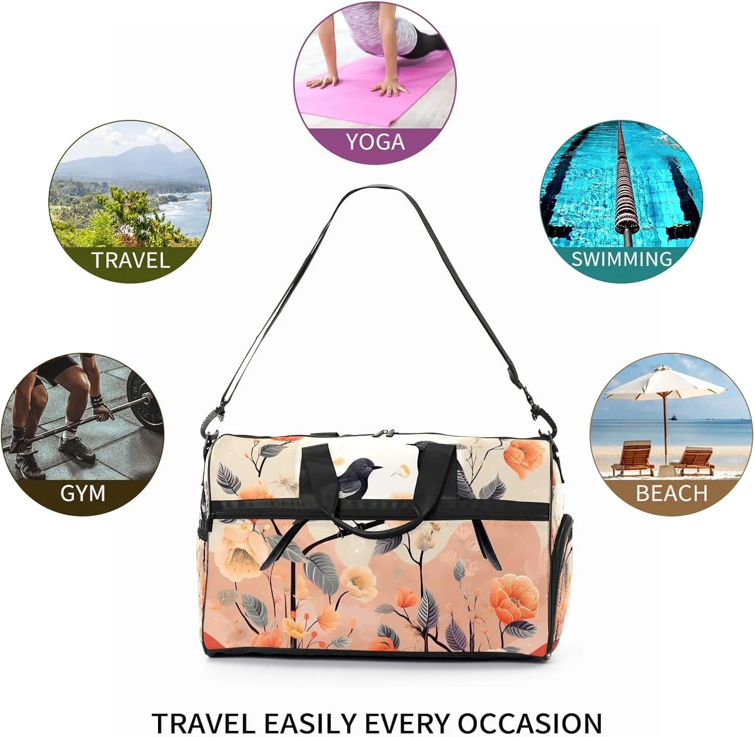 Gym Bag for Women, Carry on Weekender Overnight Bag, Travel Duffel Bags, Personal Item Travel Bag Tote Bag Workout Dance Bag, Chinese Painting Bird - 4