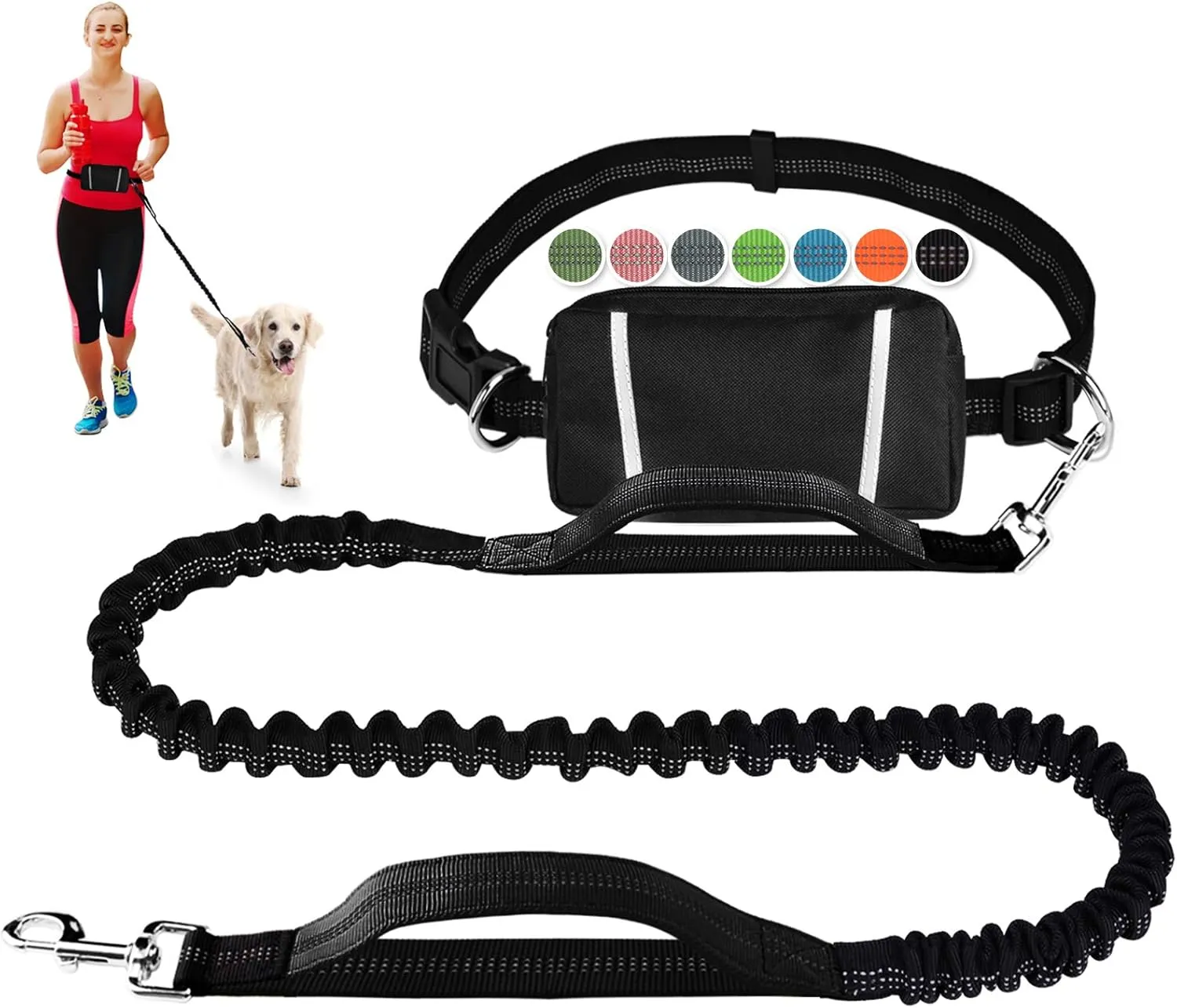 Hands Free Dog Leash, Waist Running Leash with Zipper, Walking Pouch for Medium Large Dogs, Dual Handle and Retractable Bungee for Training Jogging Hiking
