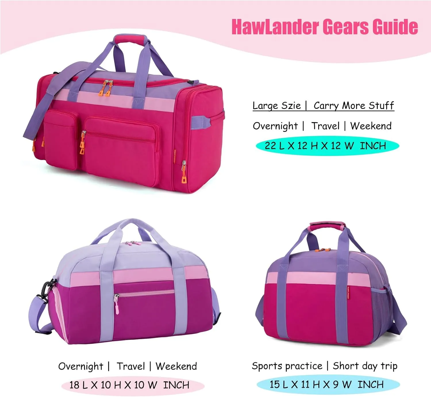 HawLander Small Duffle Bag for Kids Boys or Girls, Travel Bag for One Day Trip (Rose Purple)