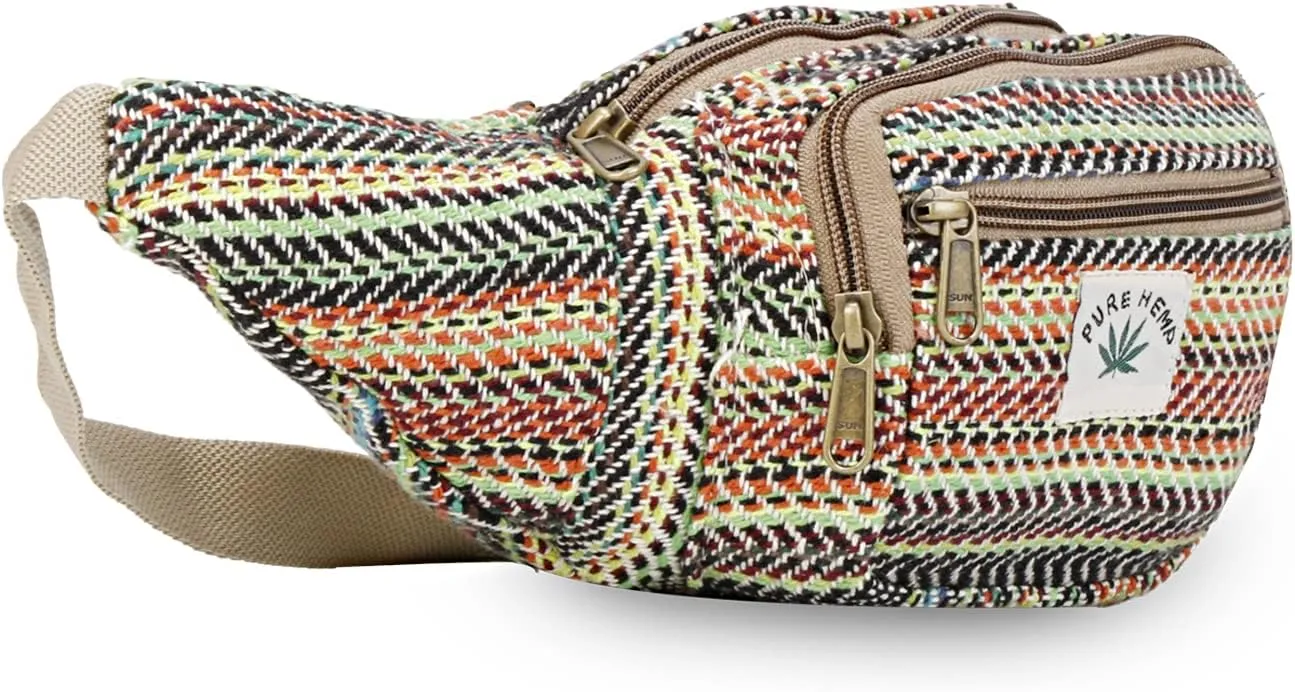 Hemp Fanny Pack,Adjustable Waist and Multiple Pockets,Waist Bag & for all purpose (Multi-12)