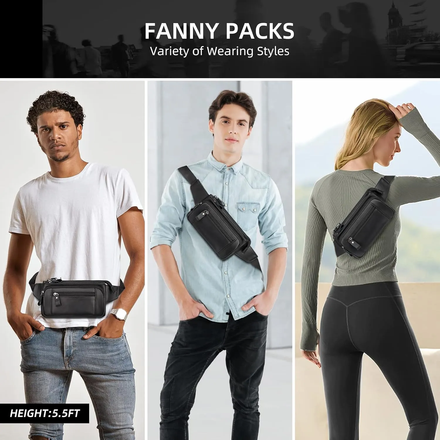 HUMERPAUL Leather Fanny Pack for Men Women, Fashion Waist Packs Small Crossbody Chest Bag with Adjustable Belt for Outdoor Travel Hiking Cycling