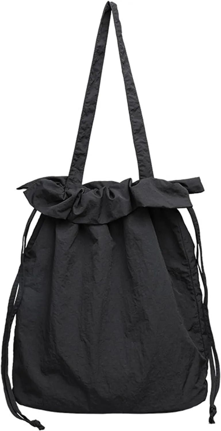 Ladies nylon bucket bag canvas handbag drawstring pleated shoulder bag