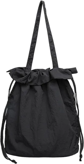 Ladies nylon bucket bag canvas handbag drawstring pleated shoulder bag