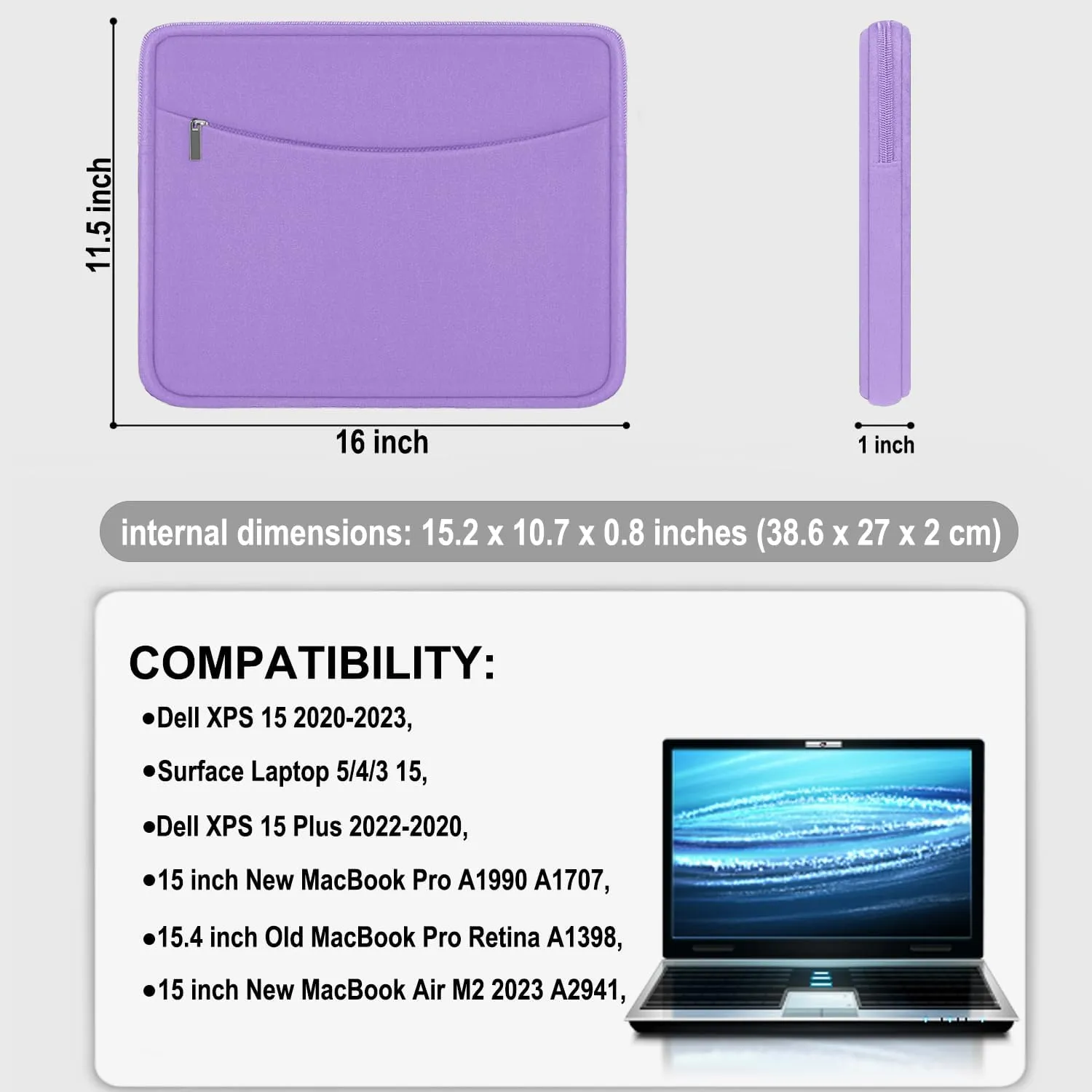 Laptop Sleeve 15.6 inch, Shockproof Protective Laptop Cover Briefcase Carrying Computer Bag with Accessory Pocket, Portable Computer Case Compatible with MacBook, HP, Dell, Lenovo, Asus, Purple