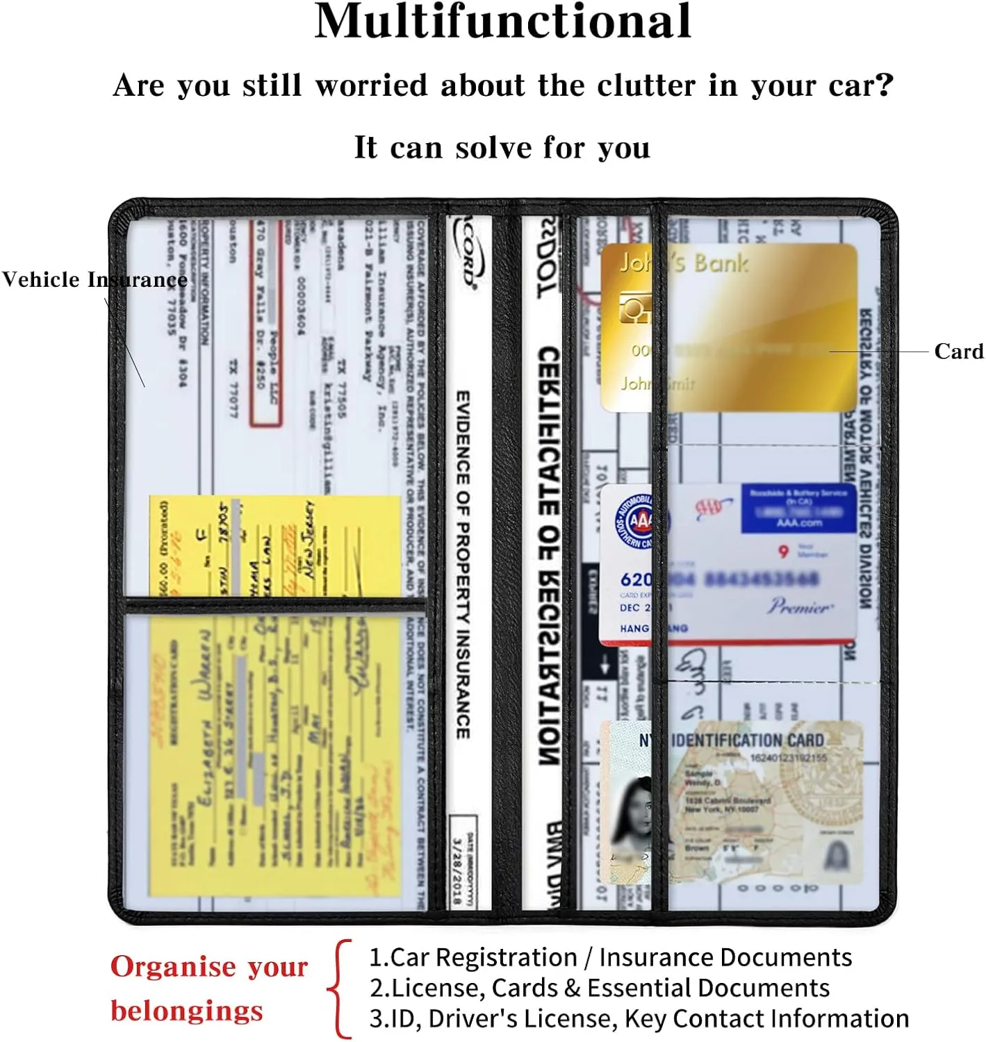 Leather Car Registration and Insurance Card Holder, Car Document Holder for Cards License with Magnetic Shut (Black, large)