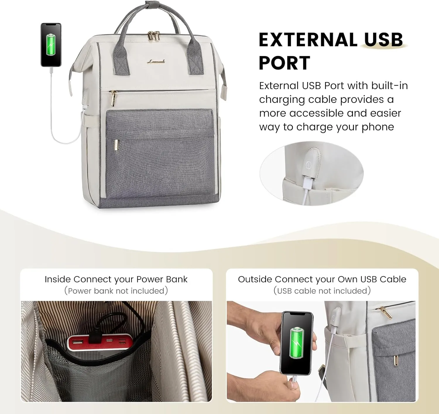LOVEVOOK Laptop Backpack Purse for Women Waterproof Teacher Nurse Bag, 17.3 Inch Work Laptop Bag with USB Port, Business Travel Computer Backpack, Off White-Grey