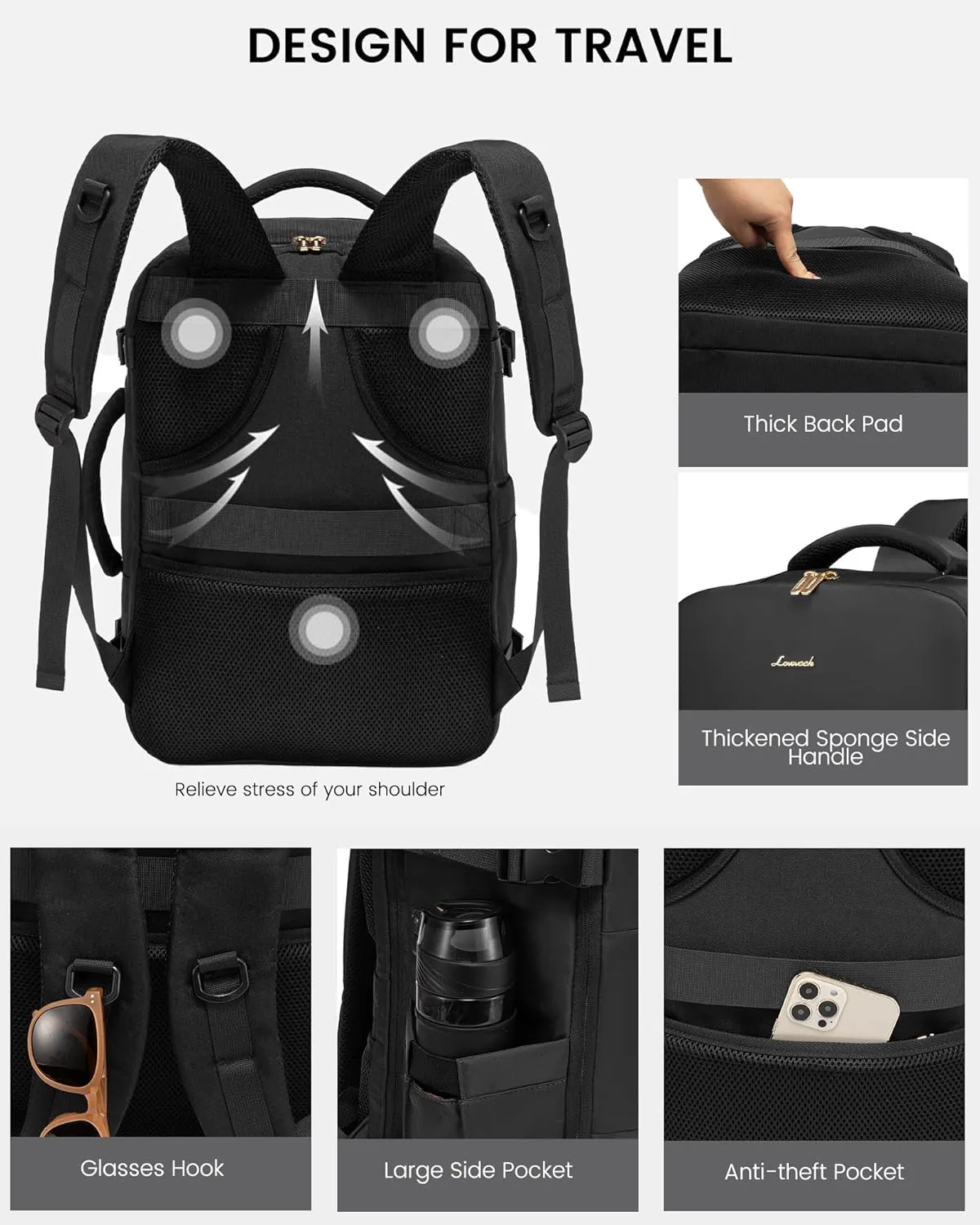 LOVEVOOK Travel Backpack for Women,40L Carry On Backpack Flight Approved with 3 Packing Cubes,TSA Personal Item Travel Bag Fits 17.3 Laptop,Weekender Hiking Business Luggage Daypack Black