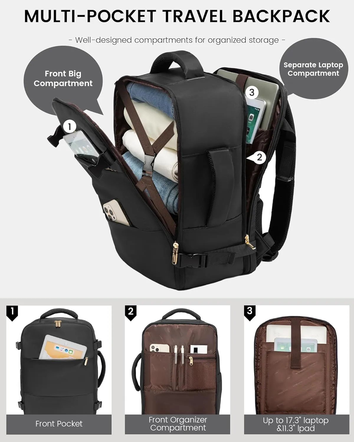 LOVEVOOK Travel Backpack for Women,40L Carry On Backpack Flight Approved with 3 Packing Cubes,TSA Personal Item Travel Bag Fits 17.3 Laptop,Weekender Hiking Business Luggage Daypack Black