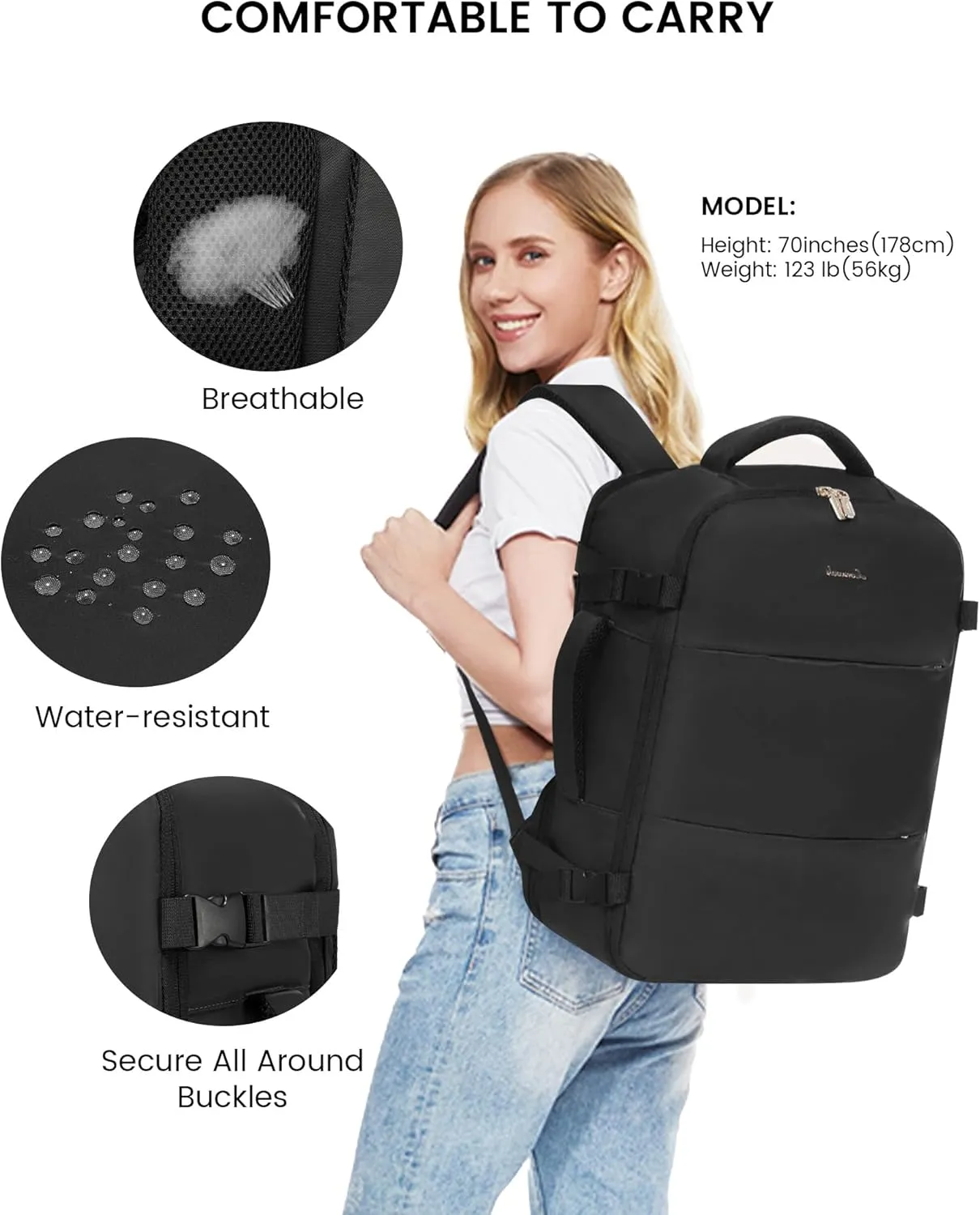 LOVEVOOK Travel Backpack for Women,40L Carry On Backpack Flight Approved with 3 Packing Cubes,TSA Personal Item Travel Bag Fits 17.3 Laptop,Weekender Hiking Business Luggage Daypack Black