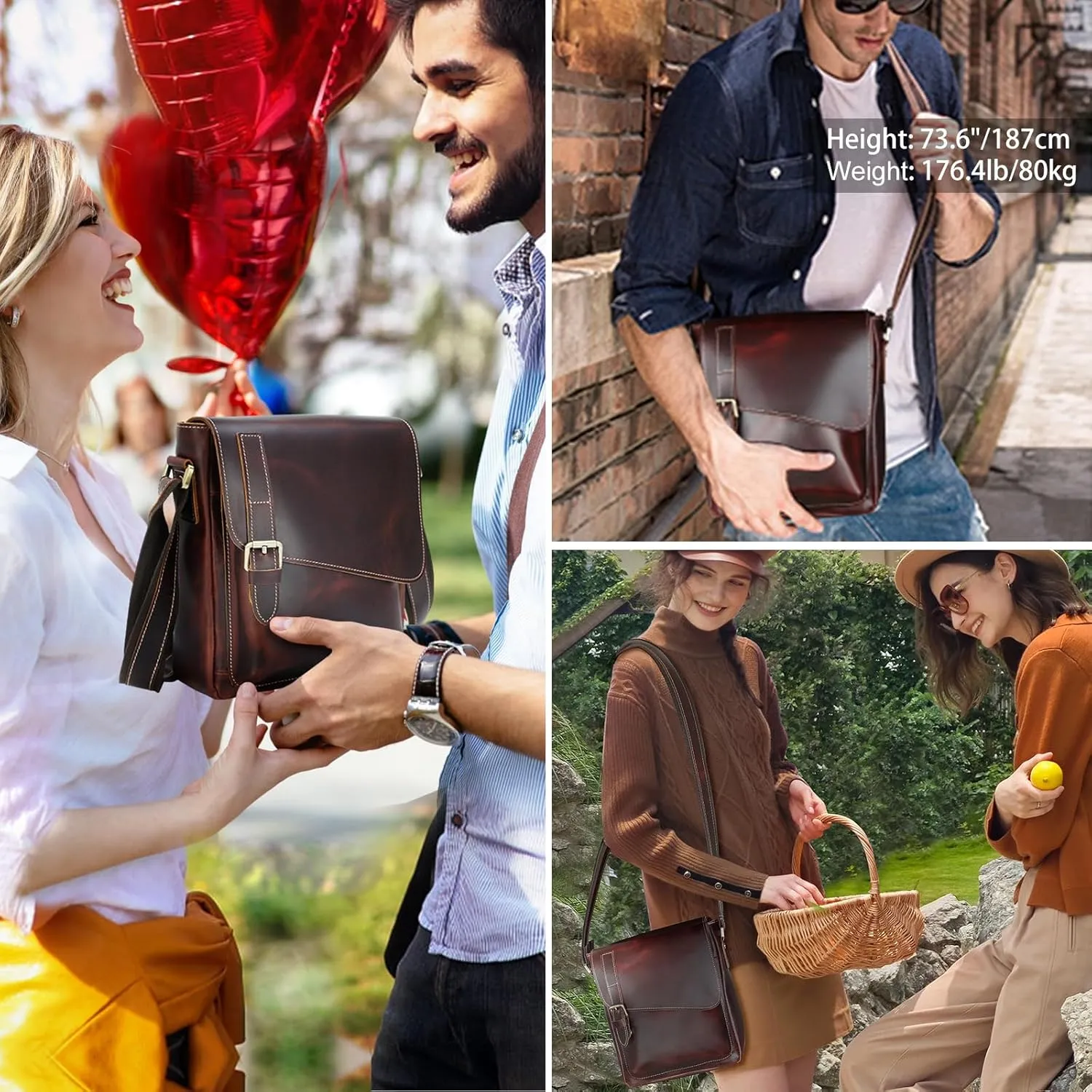 Masa Kawa Leather Messenger Bag Small Crossbody Shoulder Bag for Men Women Flap Over Man Purse Fits 10 Inch Tablet