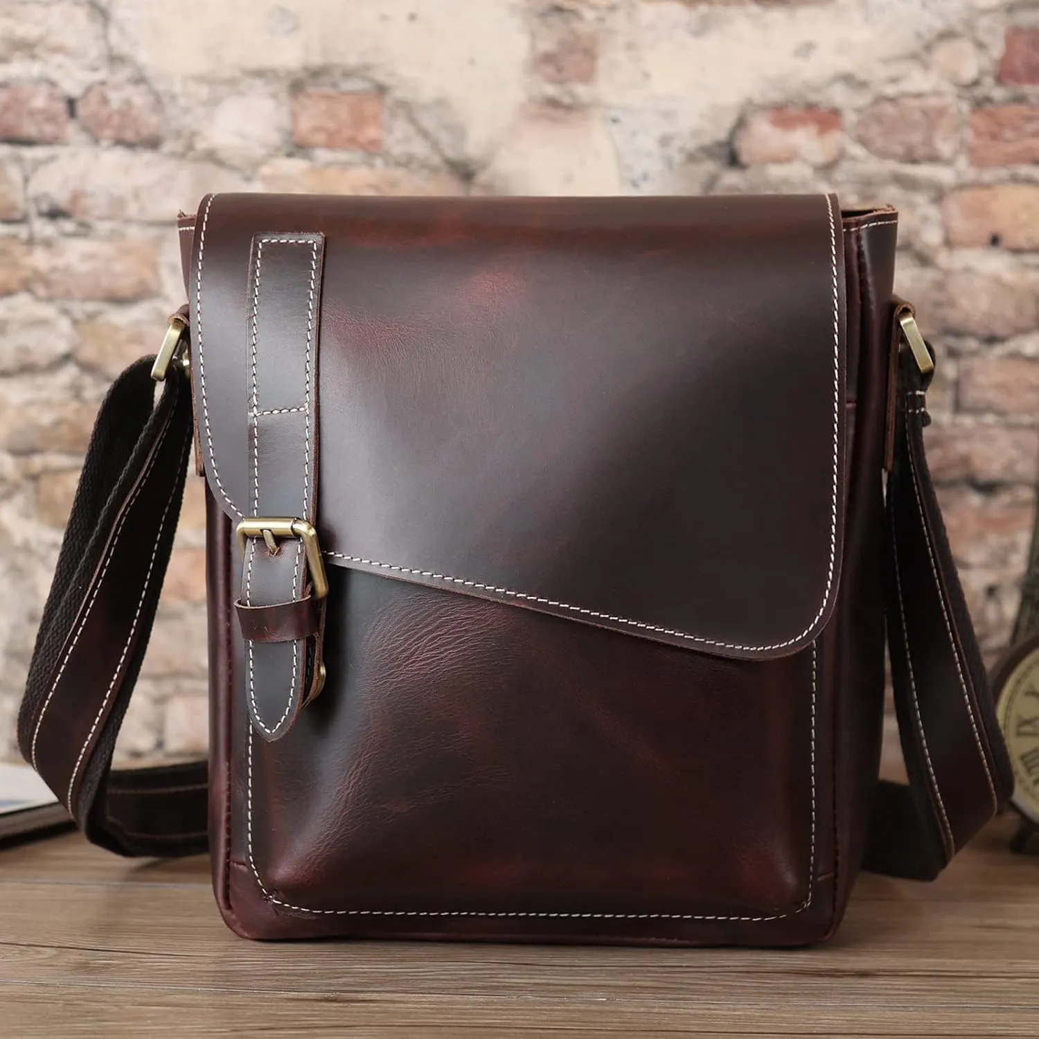 Masa Kawa Leather Messenger Bag Small Crossbody Shoulder Bag for Men Women Flap Over Man Purse Fits 10 Inch Tablet