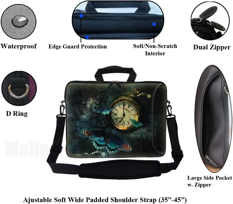 Meffort Inc 17 Inch Neoprene Laptop Bag with Extra Side Pocket, Soft Carrying Handle & Removable Shoulder Strap Fit 16" to 17.3" Size - Clock Butterfly