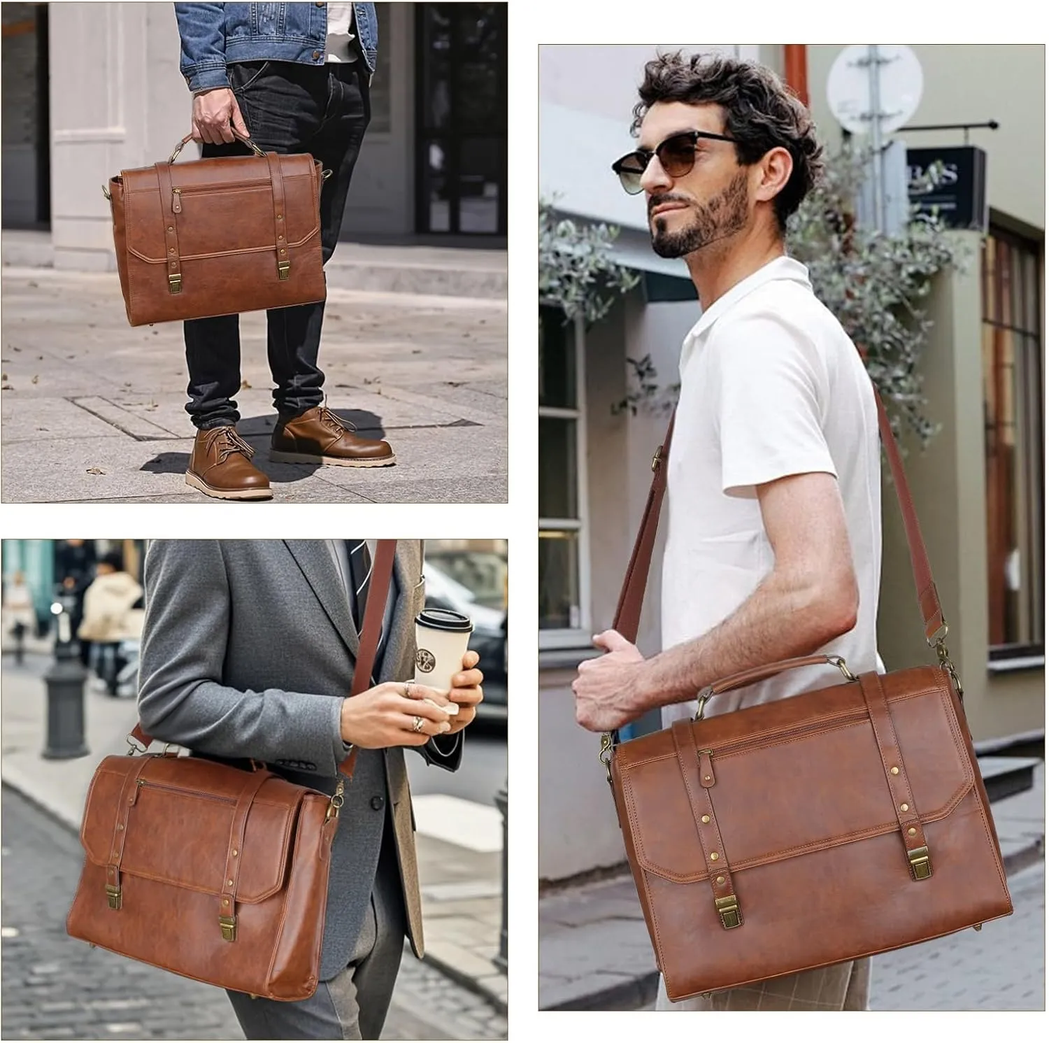 Mens messenger bag 17 inch, Waterproof Faux Leather Laptop Briefcase Large Computer Laptop Bag Leather Satchel Bag Retro Shoulder Bag for Office Business Travel College Brown