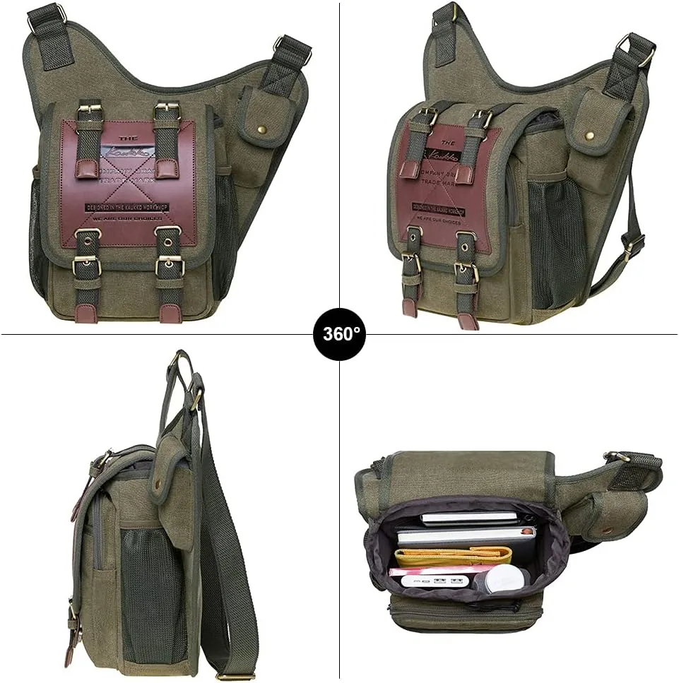 Mens Vintage Canvas Shoulder Messenger Bag Chest Leather Patchwork Messenger Bag