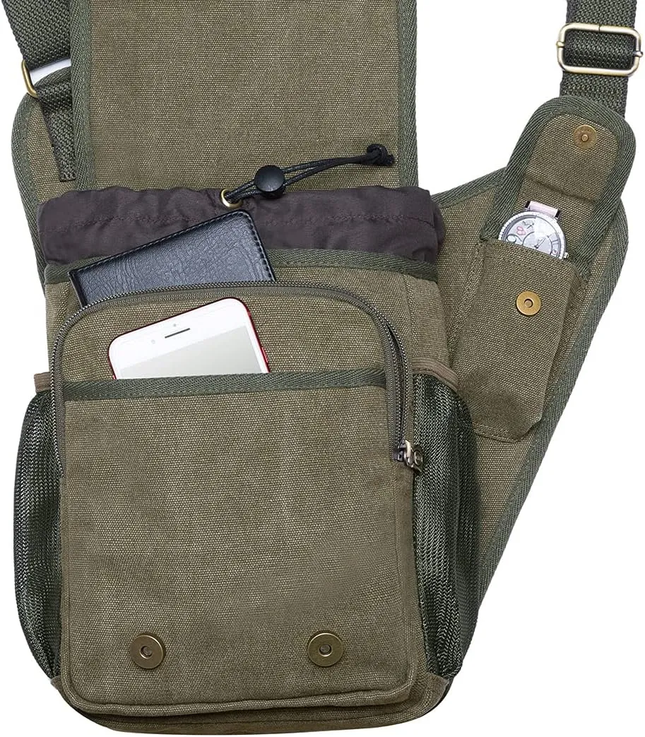 Mens Vintage Canvas Shoulder Messenger Bag Chest Leather Patchwork Messenger Bag