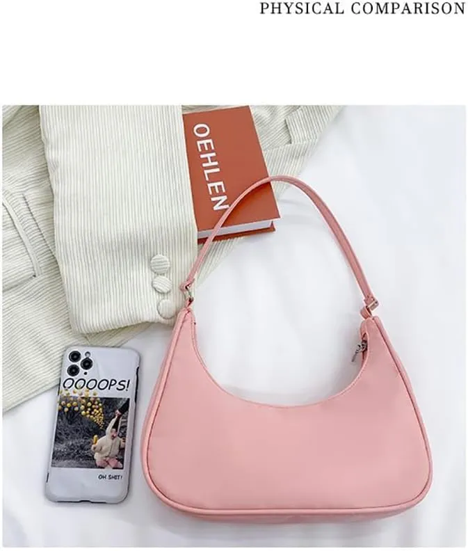 Nylon Pink Shoulder Bag Cute Hobo Tote Under The Arm Purse Underarm Bag Crossbody Bag For Women Mini Clutch Purse With Zipper Closure