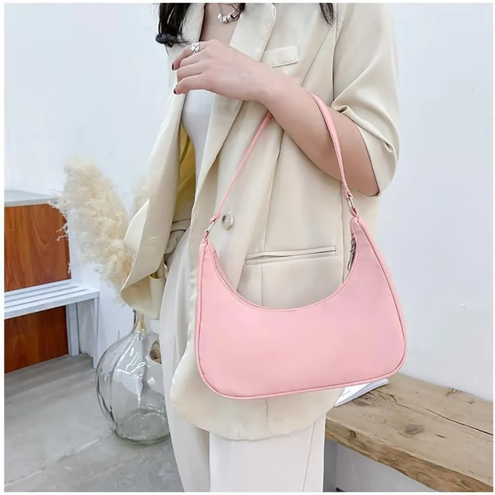 Nylon Pink Shoulder Bag Cute Hobo Tote Under The Arm Purse Underarm Bag Crossbody Bag For Women Mini Clutch Purse With Zipper Closure