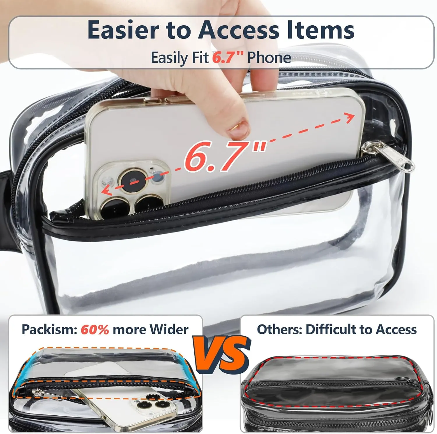 PACKISM Clear Fanny Pack - Clear Bag for Stadium Events for Women Men Transparent Waist Bag with Adjustable Strap for Concerts, Game Day, Festival - Black