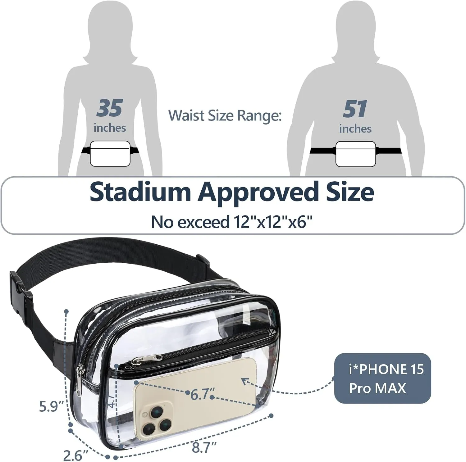 PACKISM Clear Fanny Pack - Clear Bag for Stadium Events for Women Men Transparent Waist Bag with Adjustable Strap for Concerts, Game Day, Festival - Black