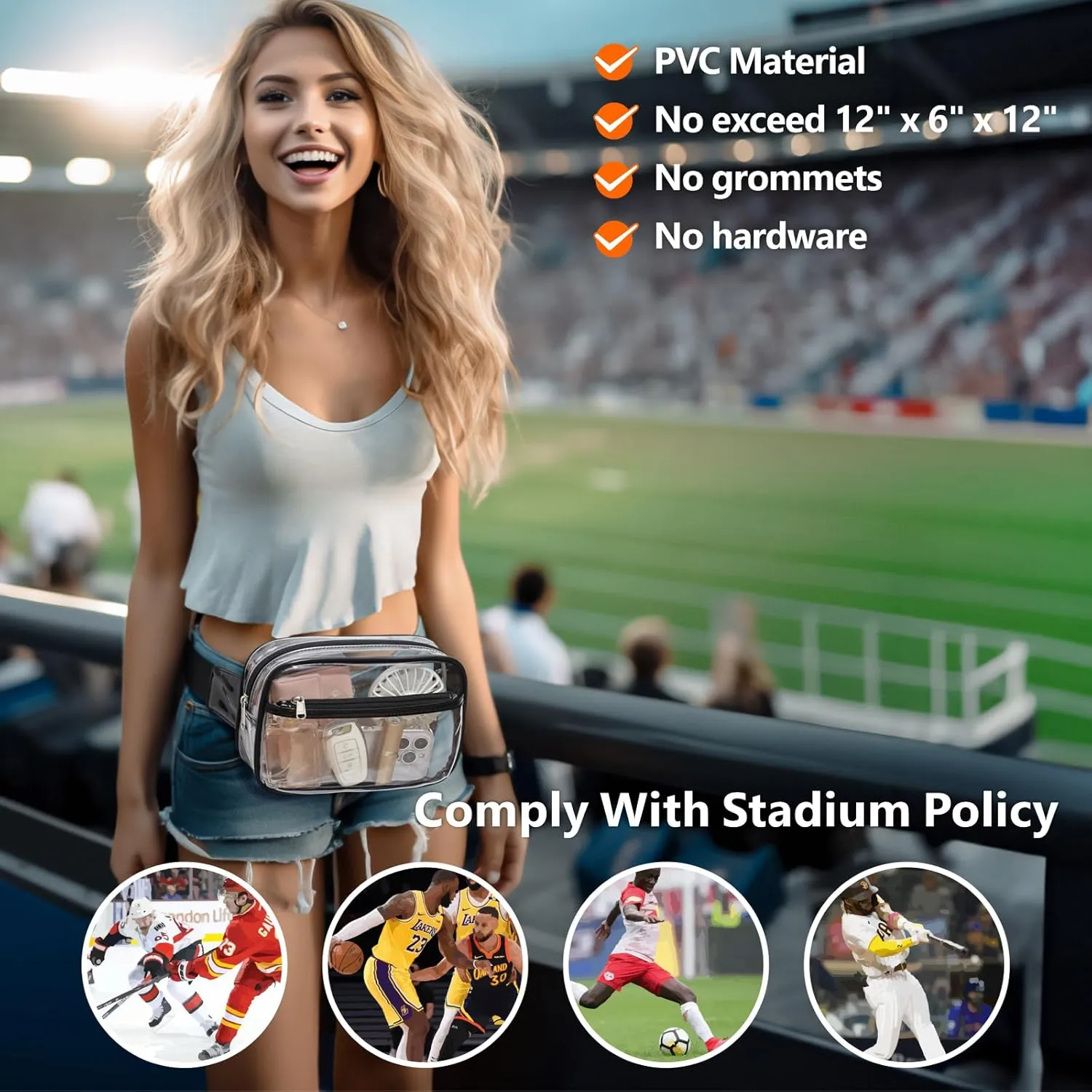 PACKISM Clear Fanny Pack - Clear Bag for Stadium Events for Women Men Transparent Waist Bag with Adjustable Strap for Concerts, Game Day, Festival - Black